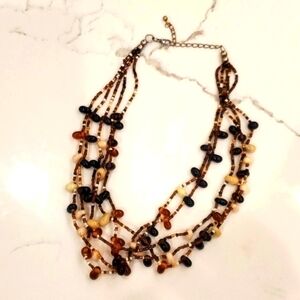 5-Strand Boho Statement Necklace | Seed Beads Stones Lucite | Brown Tan Gold